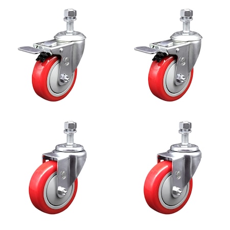 Service Caster 4 Inch SS Red Poly Swivel 12mm Threaded Stem Caster Total Lock Brake, 2PK SCC-SSTSTTL20S414-PPUB-RED-M1215-2S2
